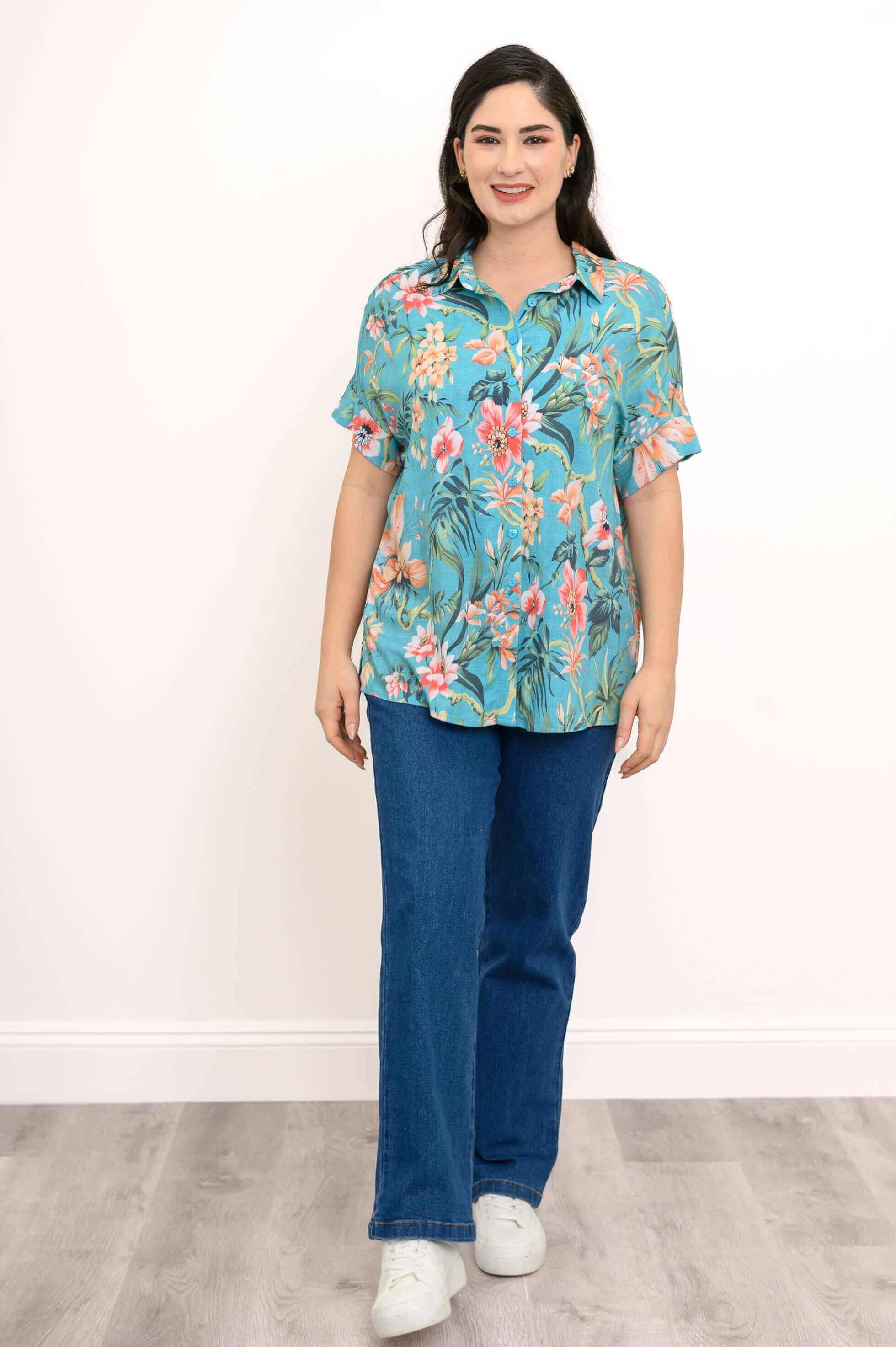 Carolina Blouse, Teal Fiji, Linen Bamboo - Image 2