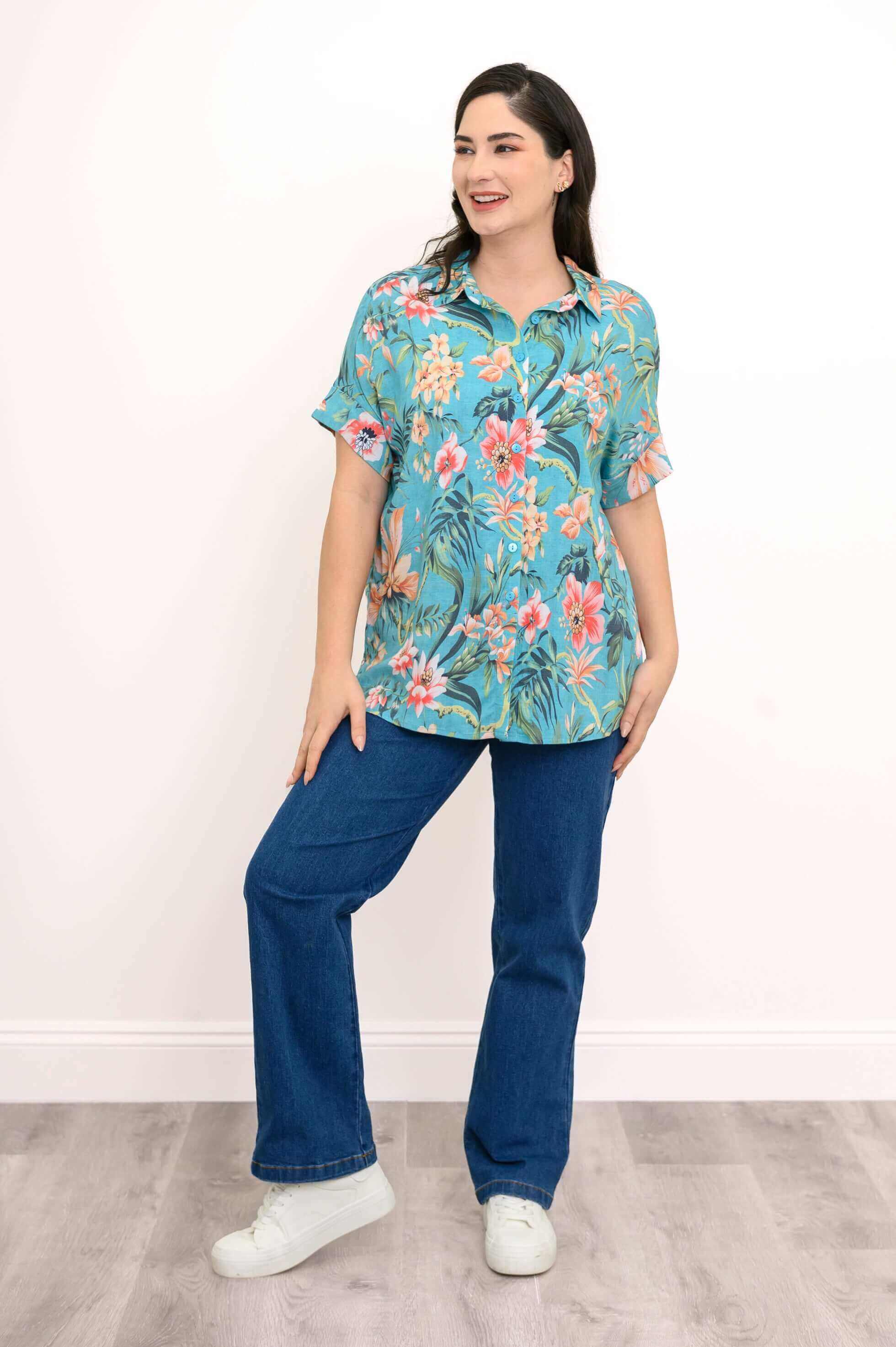 Carolina Blouse, Teal Fiji, Linen Bamboo - Image 3