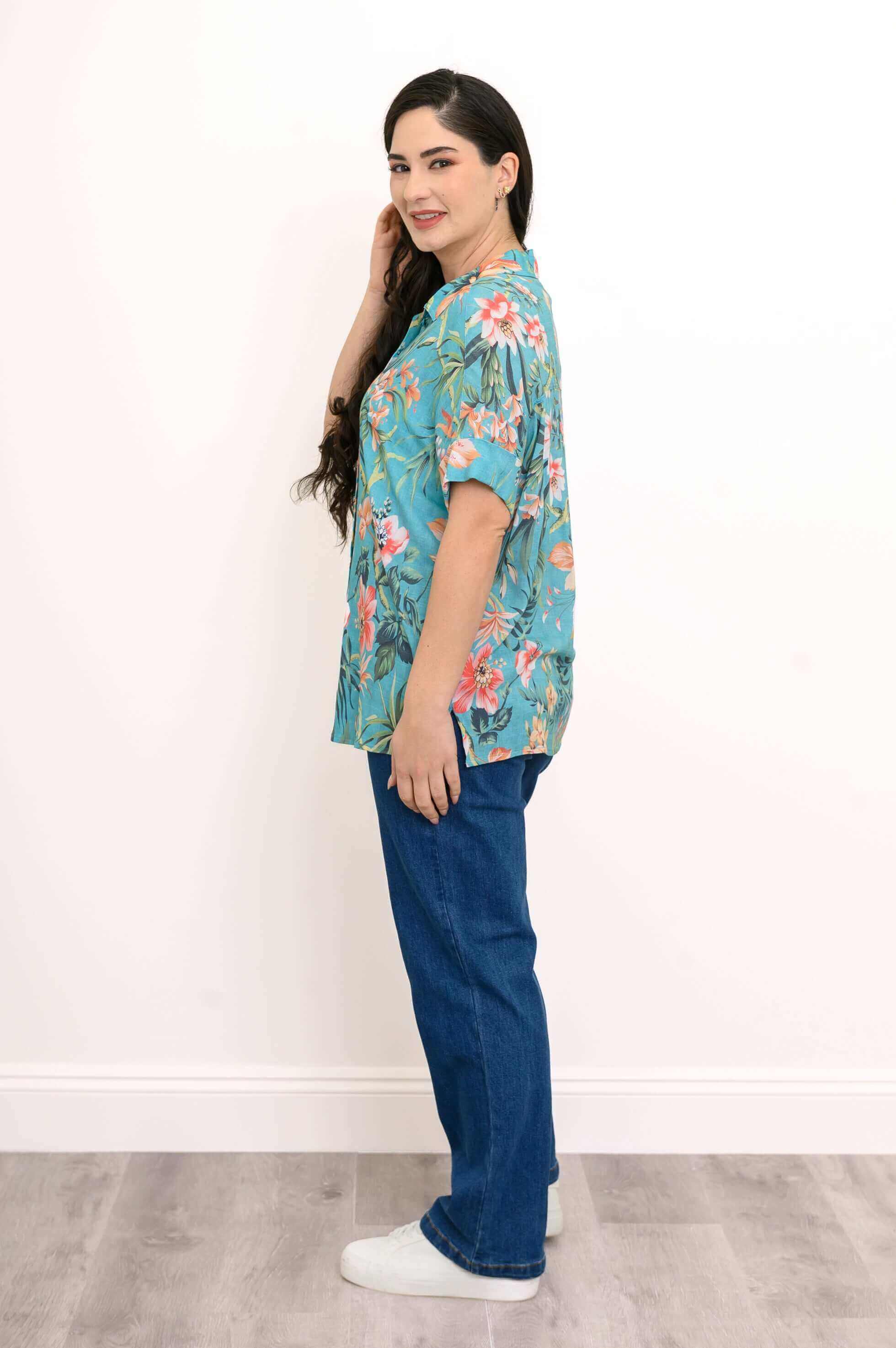 Carolina Blouse, Teal Fiji, Linen Bamboo - Image 4