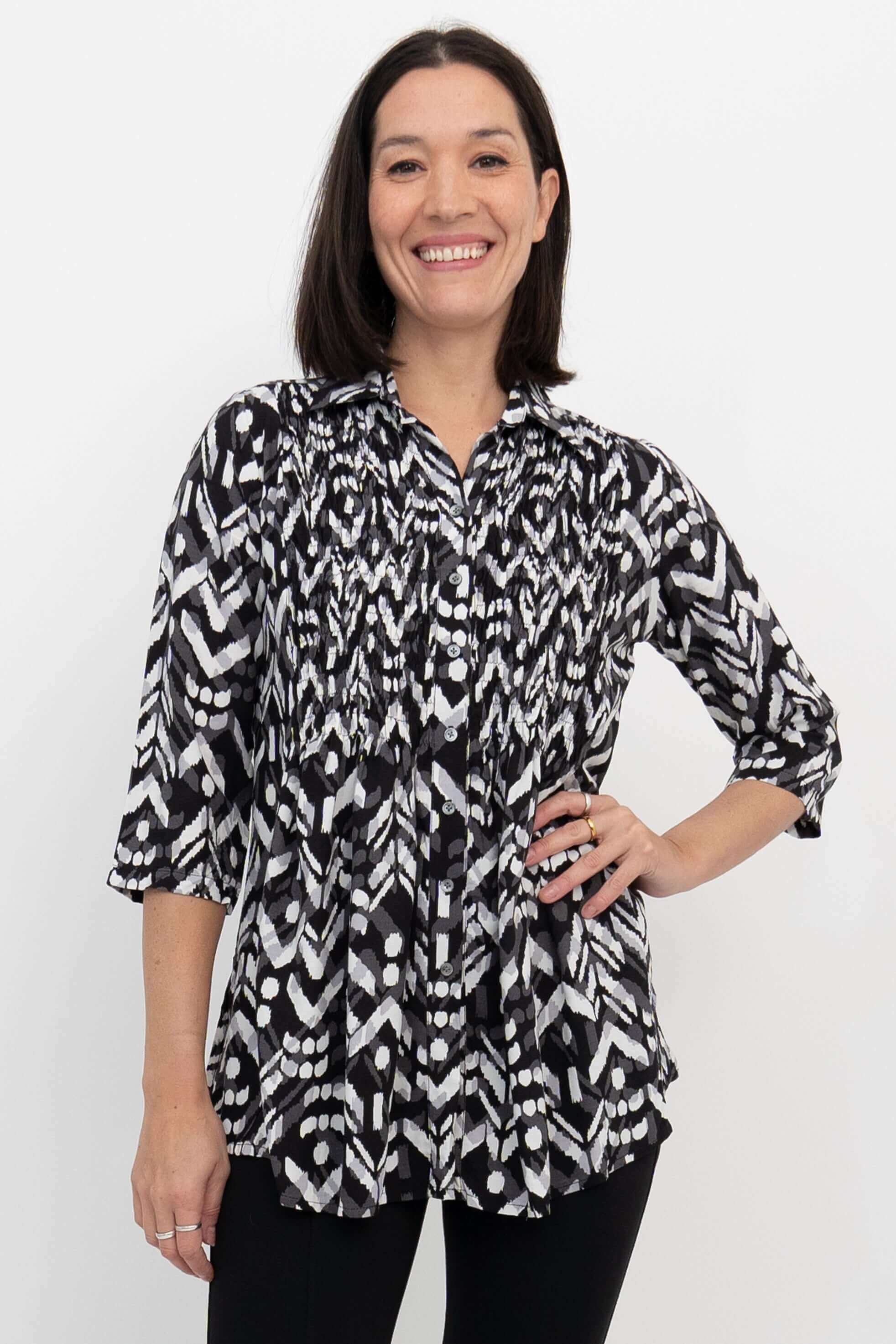 Cindy 3/4 Sleeve Top, B/W Mosaic - Final sale
