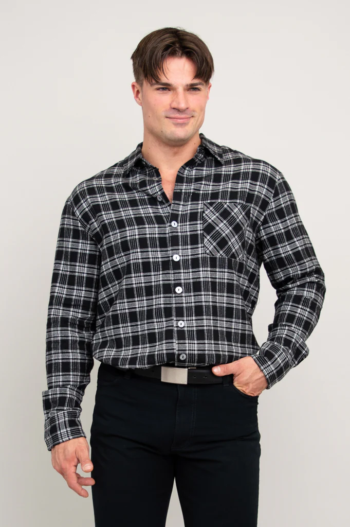 Cory Men's Shirt, Black Retro Plaid, Cotton - Image 4