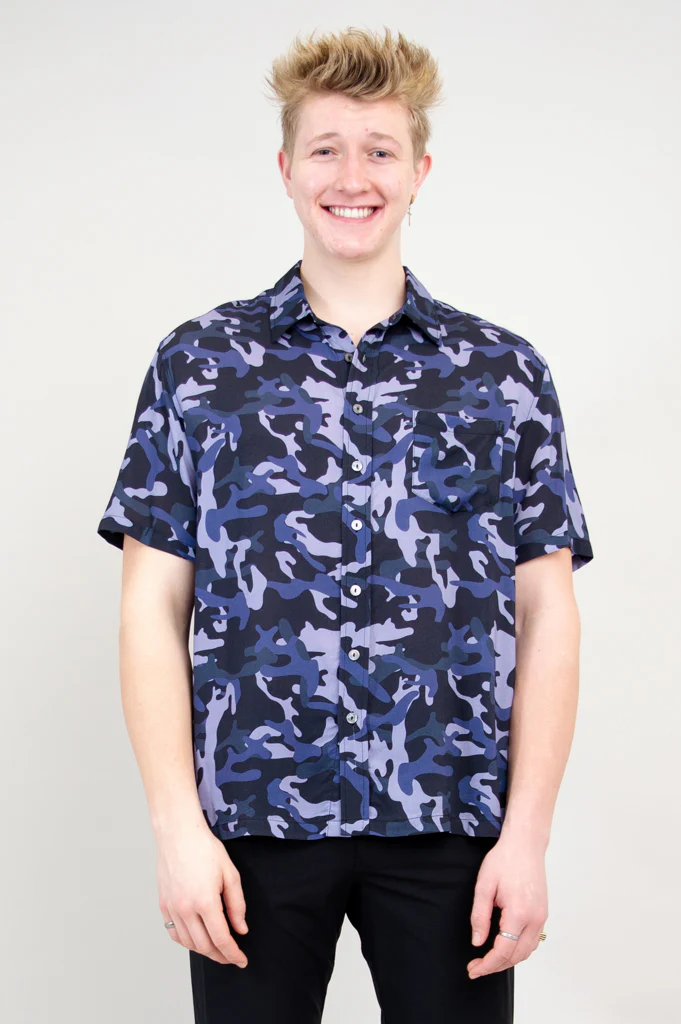 Dino Shirt, Indigo Camo, Woven Bamboo