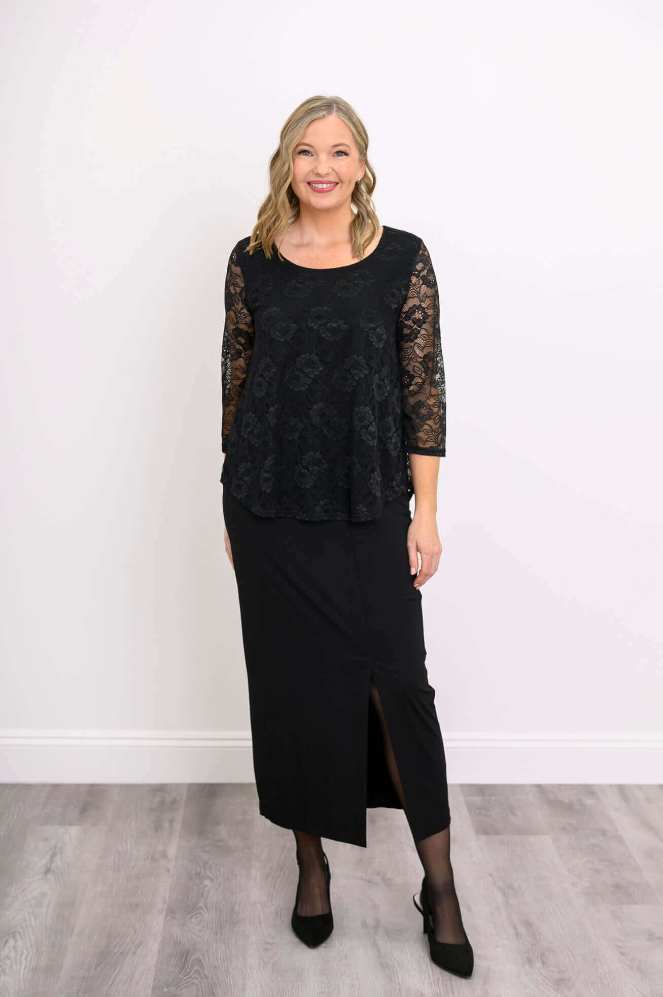 Ellen 3/4 Sleeve Top, Black, Bamboo Lace - Image 2