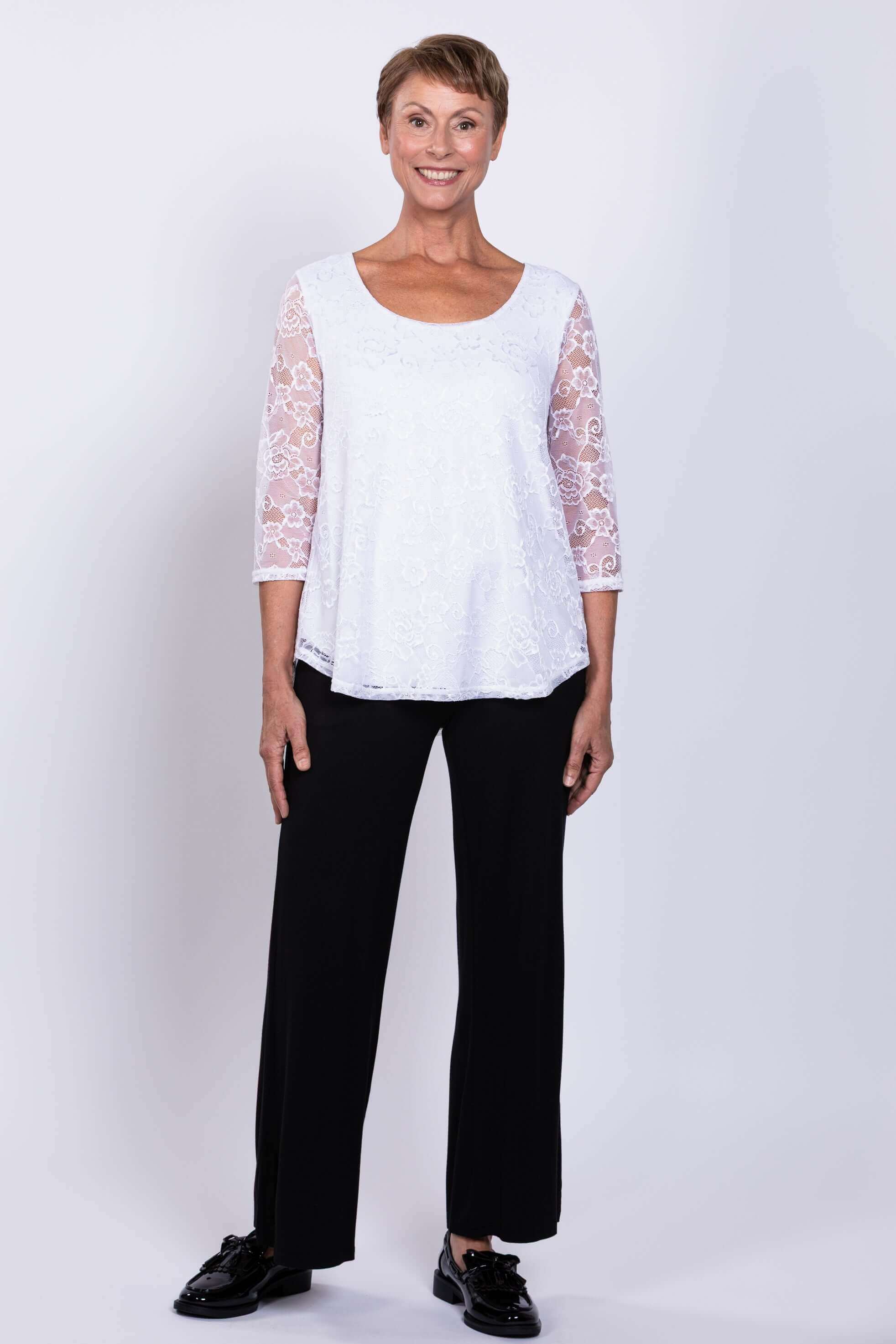 Ellen 3/4 Sleeve Top, White, Bamboo Lace - Image 2