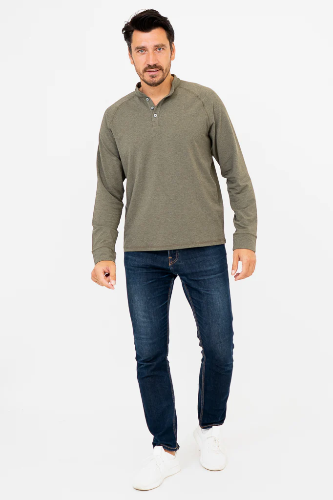 Henley Men's Shirt, Yarn Dye Khaki, Bamboo - Image 3