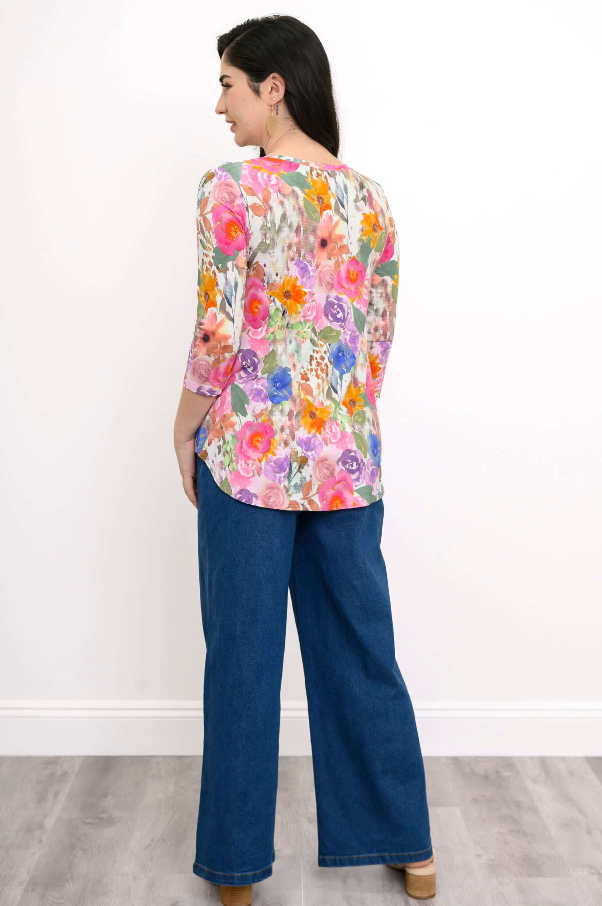 Jackie 3/4 Top, Pink Bouquet, Bamboo - Image 4