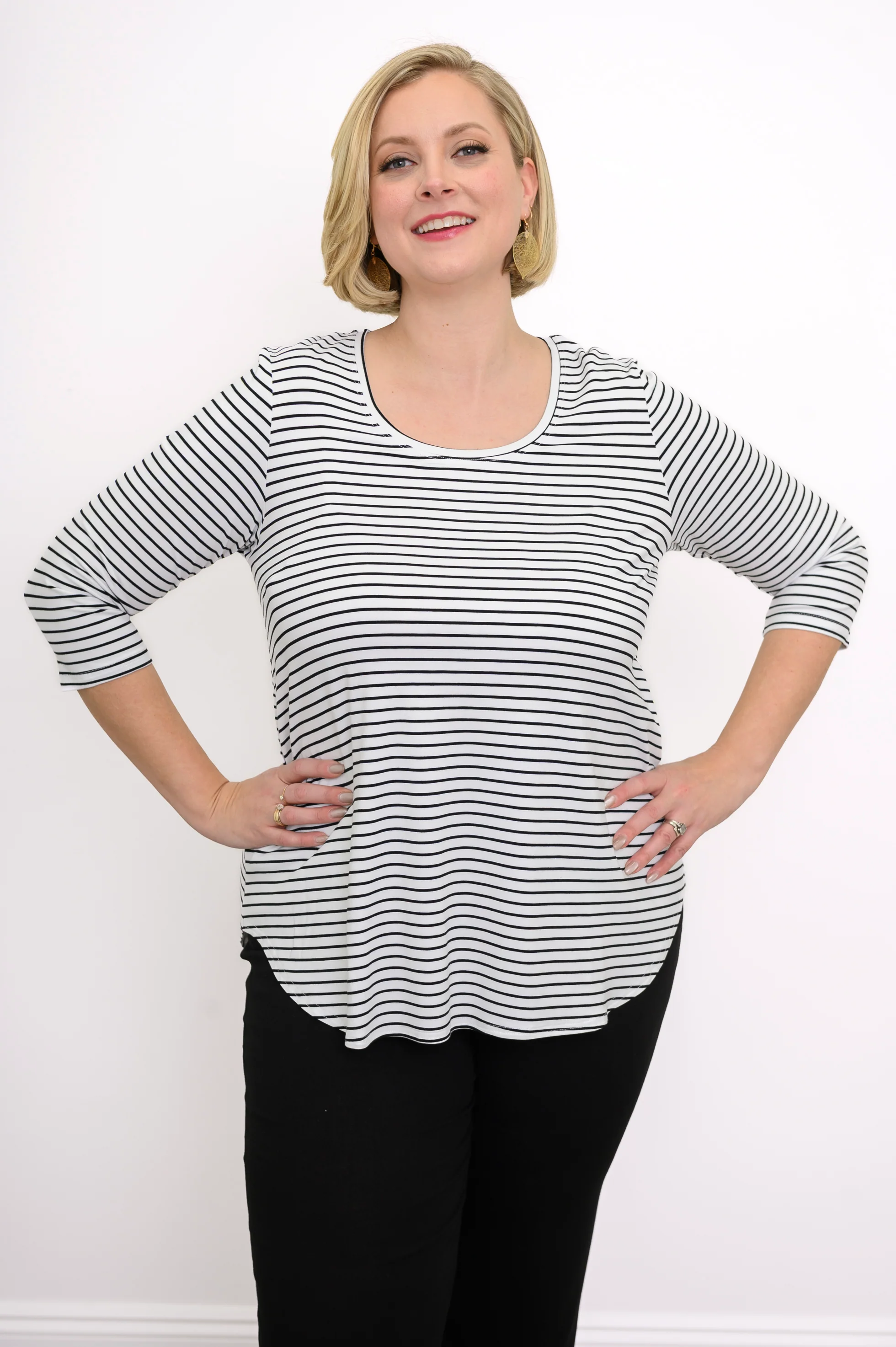 Jazz 3/4 Slv Top, White/Black Small Stripe, Bamboo - Image 2
