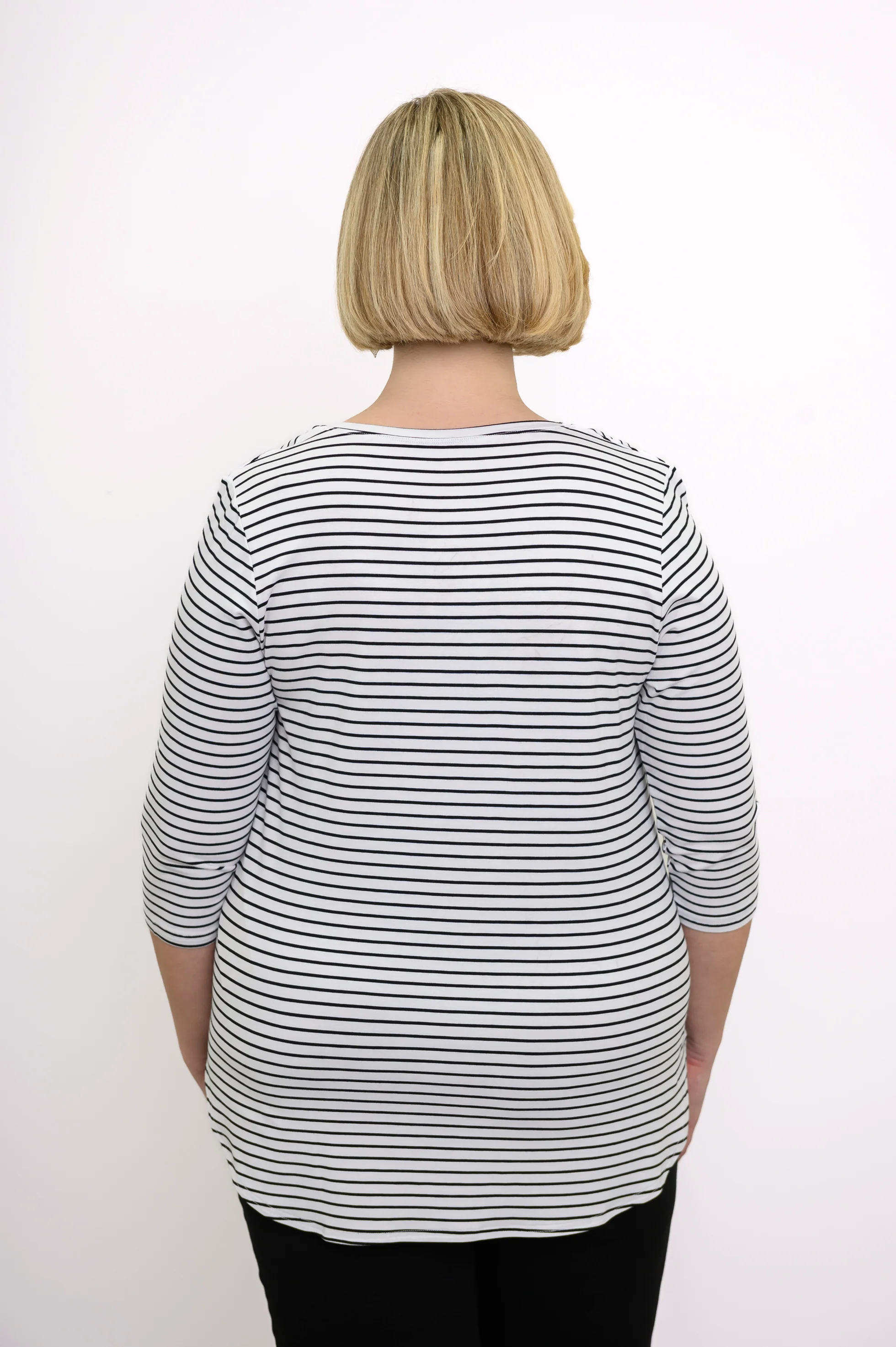 Jazz 3/4 Slv Top, White/Black Small Stripe, Bamboo - Image 3