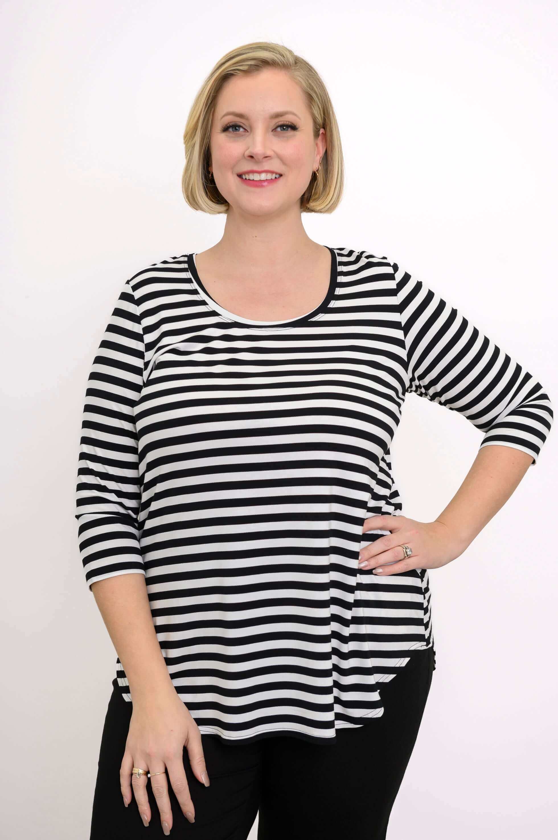 Jazz 3/4 Slv Top, BW Stripe, Bamboo
