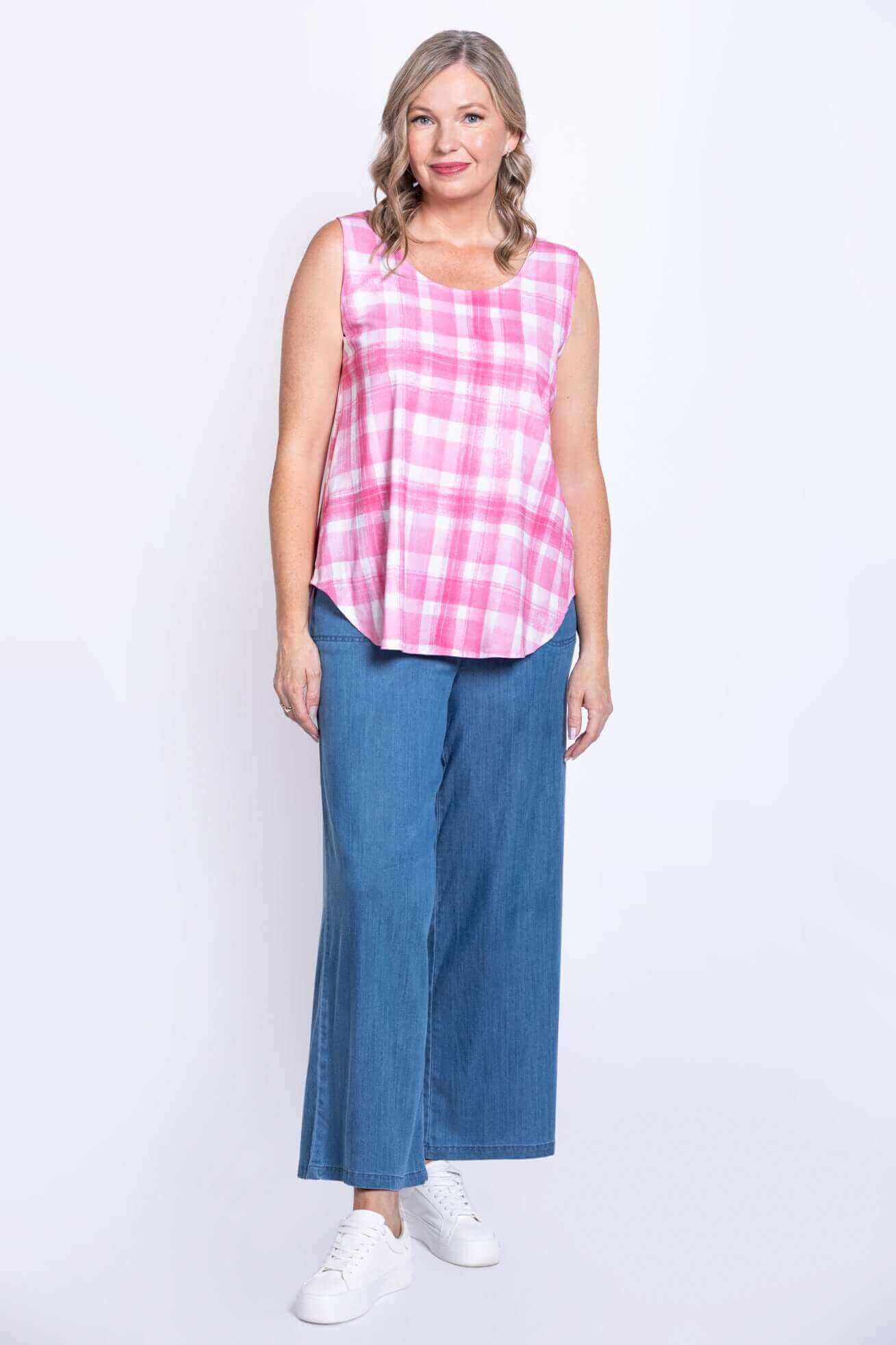 Jimmy Tank, Pink Plaid, Linen Bamboo - Image 2