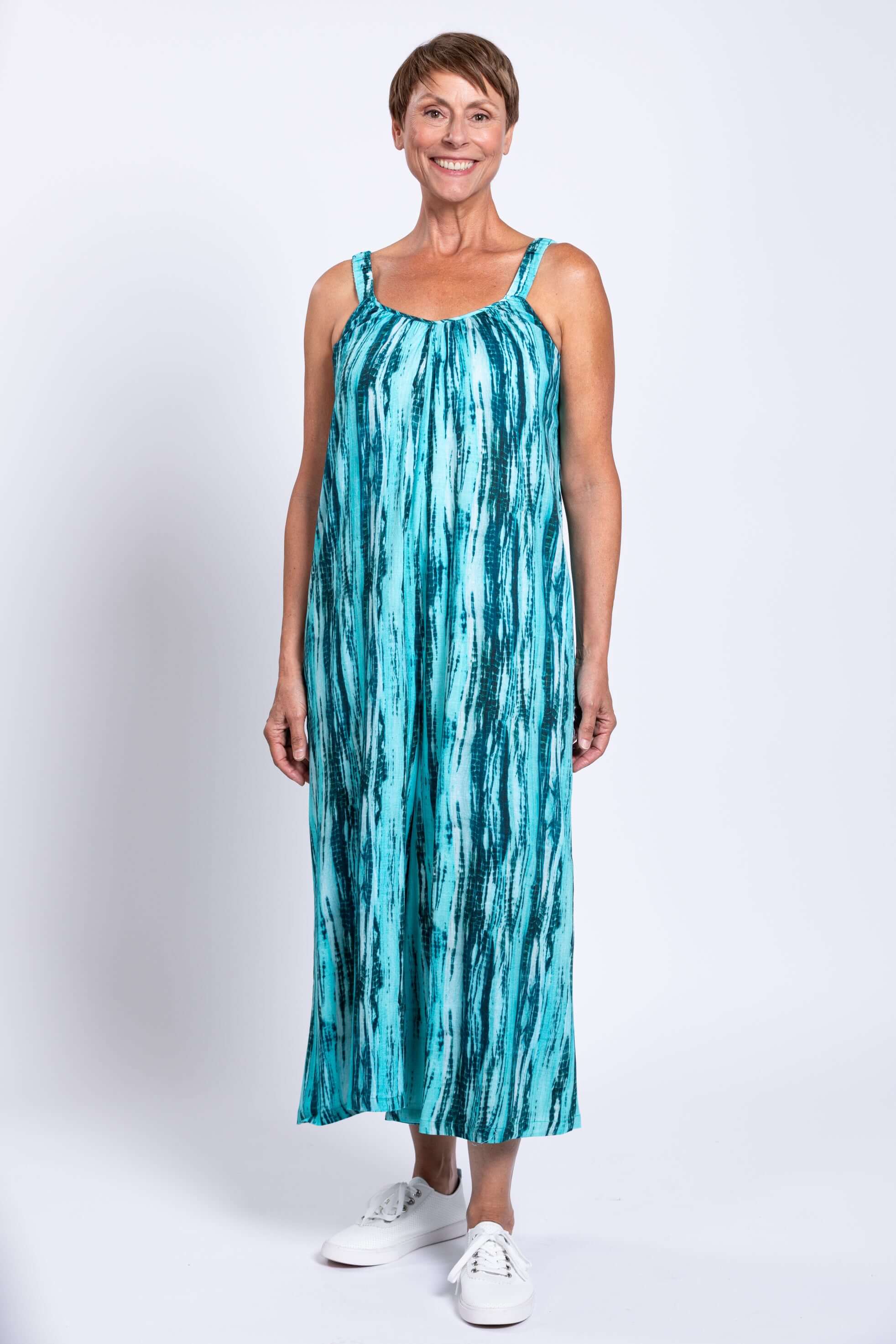 Joanna Jumpsuit, Teal Tie Dye, Linen Bamboo
