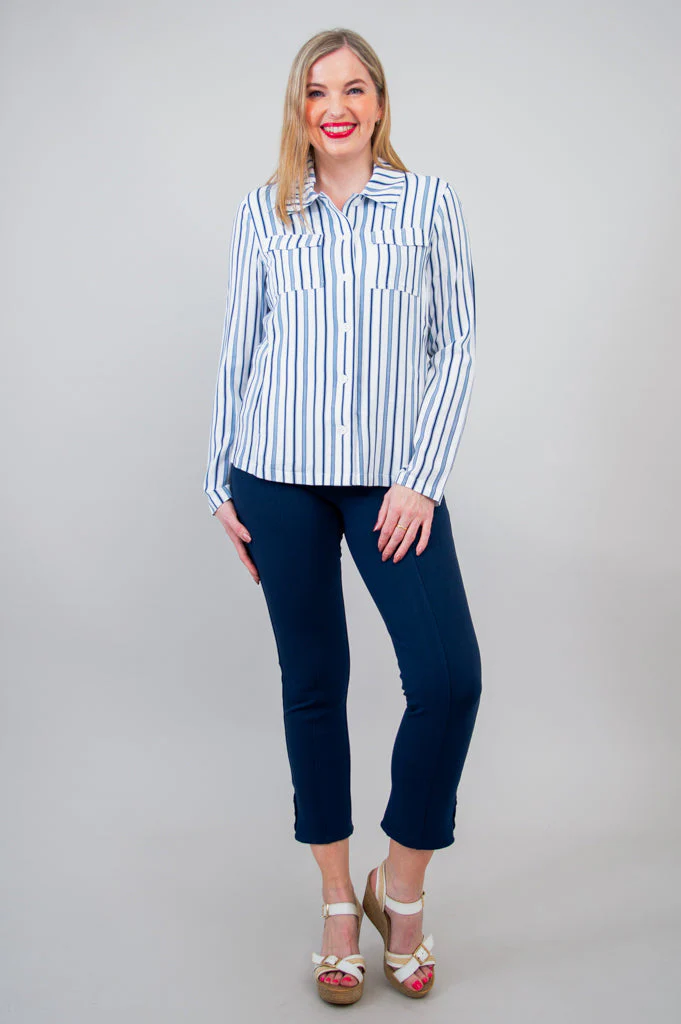 Lauren Jacket, Indigo Stripe, Linen Bamboo - Final Sale - Image 4