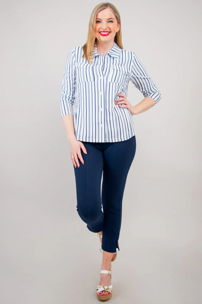 Lauren Jacket, Indigo Stripe, Linen Bamboo - Final Sale - Image 6