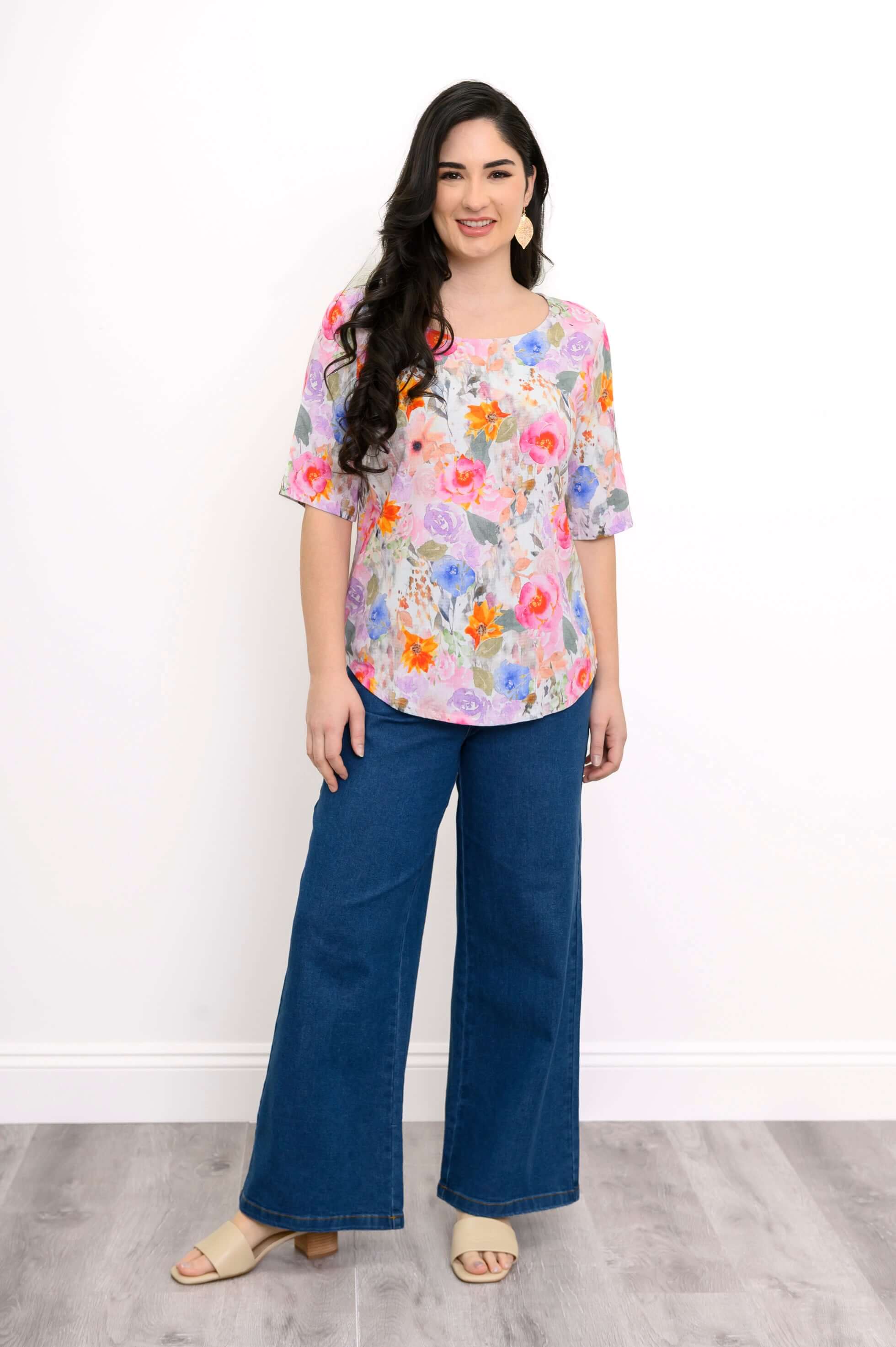 Liza Top, Pink Bouquet, Linen Bamboo - Image 2