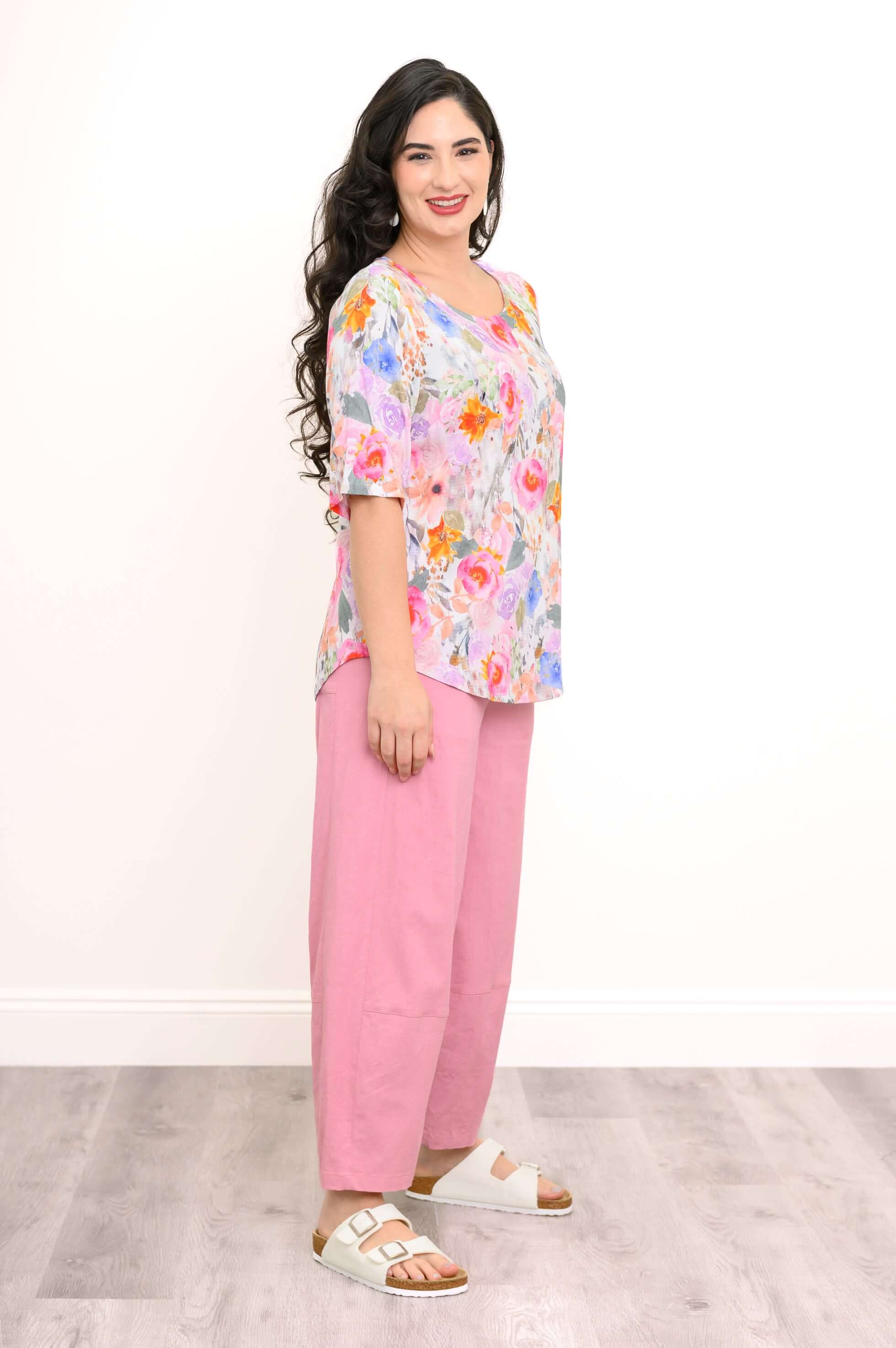 Liza Top, Pink Bouquet, Linen Bamboo - Image 3