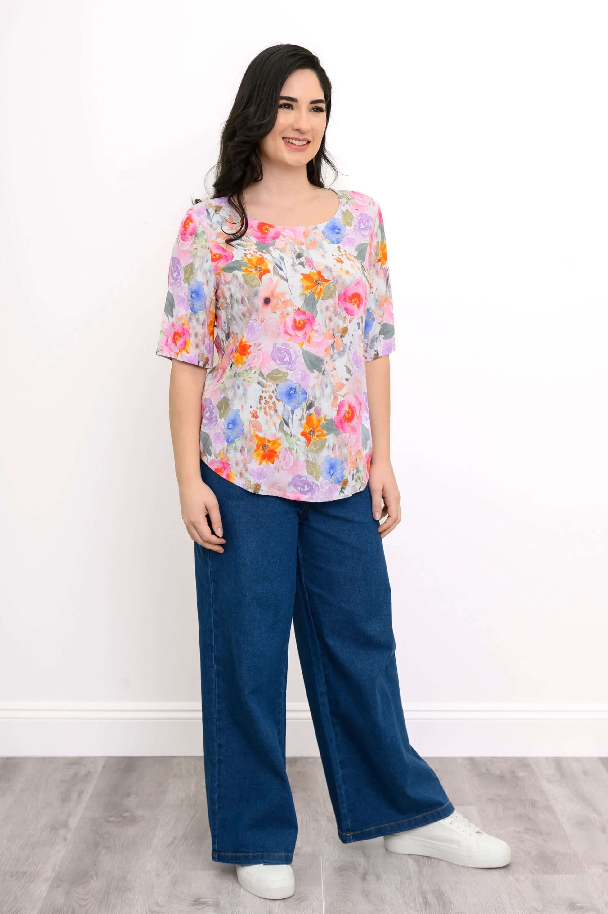 Liza Top, Pink Bouquet, Linen Bamboo - Image 4