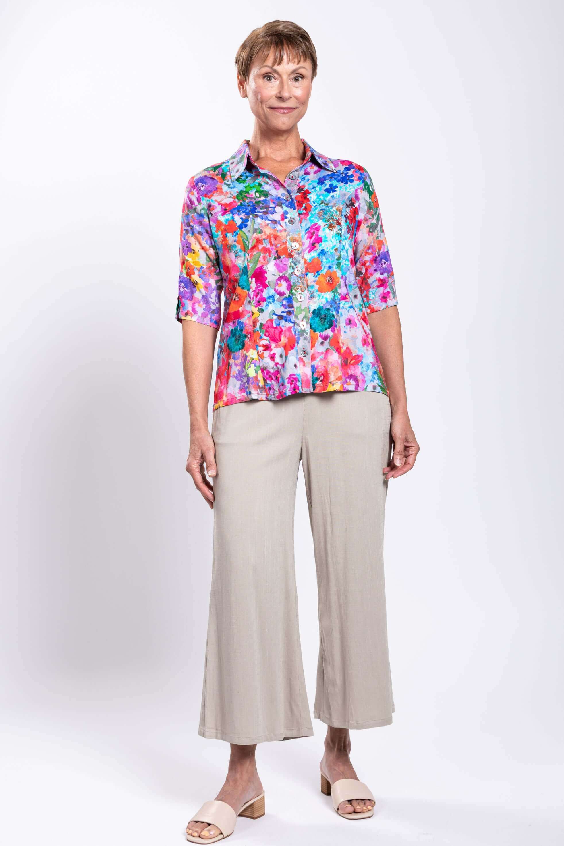 Lorine Blouse, Turq Wildflower, Linen Bamboo - Image 2