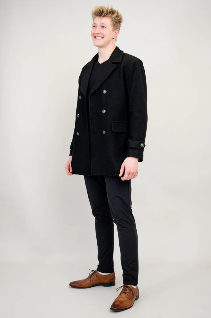 Mens Peacoat, Black, Boiled Wool - Image 12