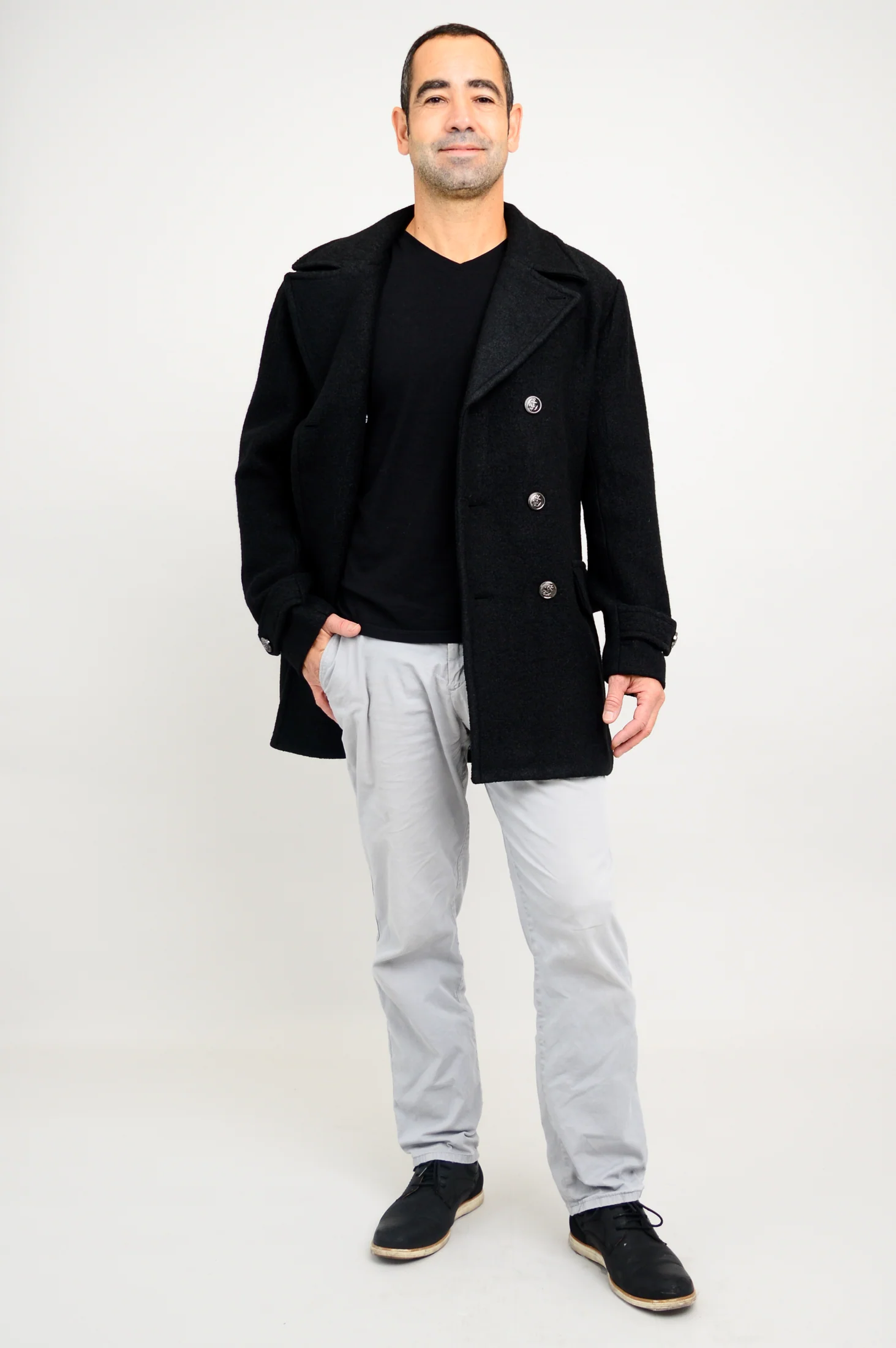 Mens Peacoat, Black, Boiled Wool - Image 17
