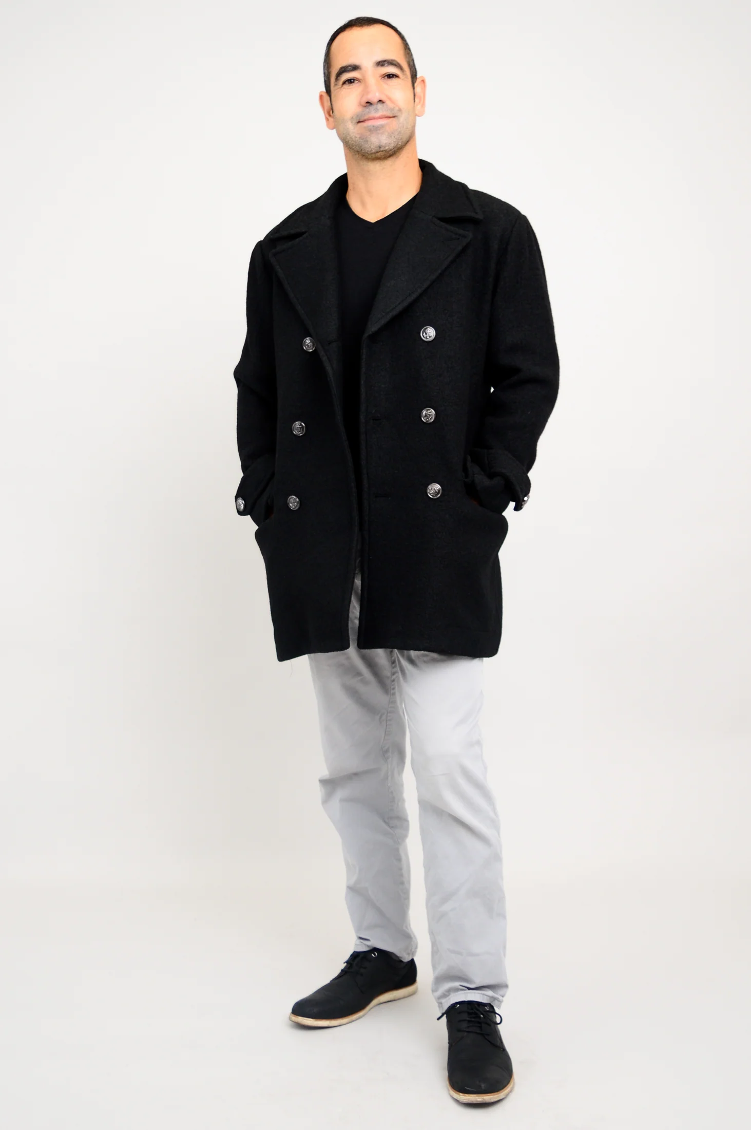 Mens Peacoat, Black, Boiled Wool - Image 4