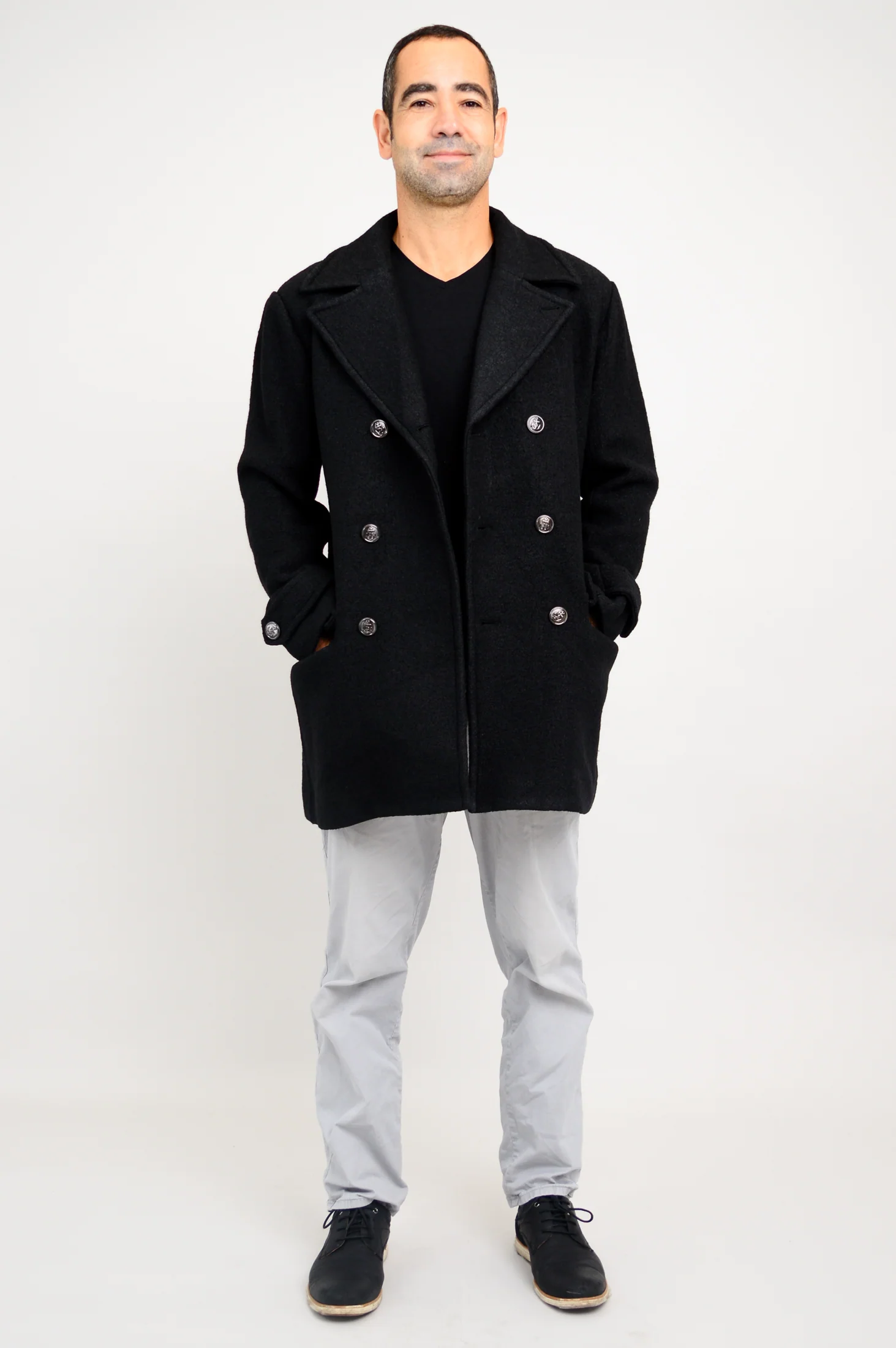 Mens Peacoat, Black, Boiled Wool - Image 9