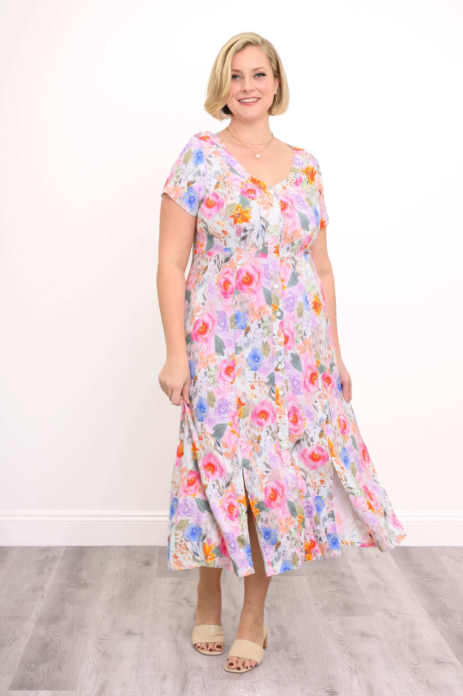 Morgan Dress, Pink Bouquet, Linen Bamboo