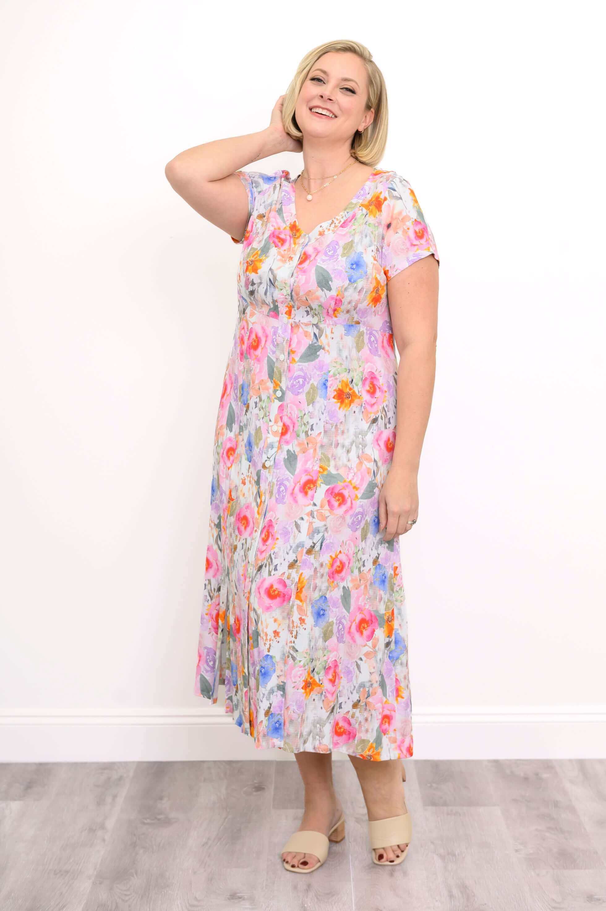 Morgan Dress, Pink Bouquet, Linen Bamboo - Image 3