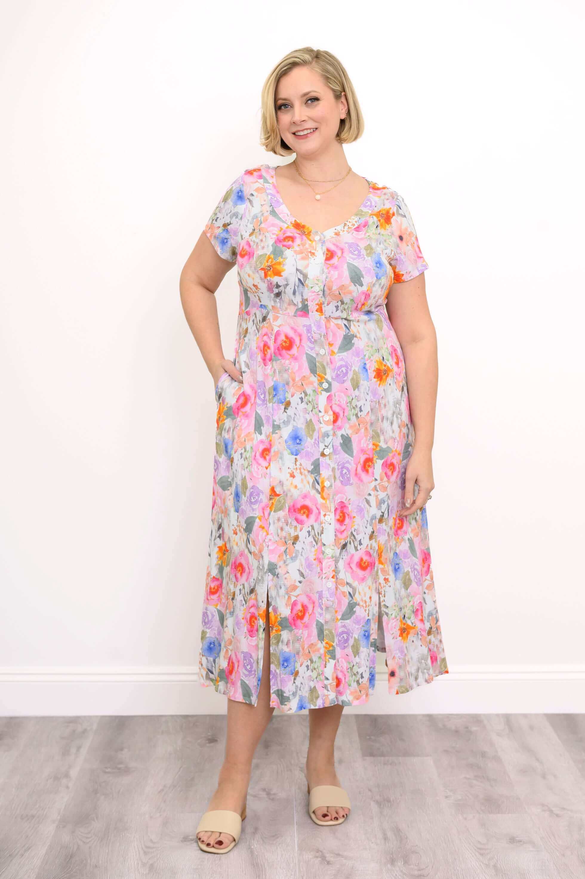 Morgan Dress, Pink Bouquet, Linen Bamboo - Image 4