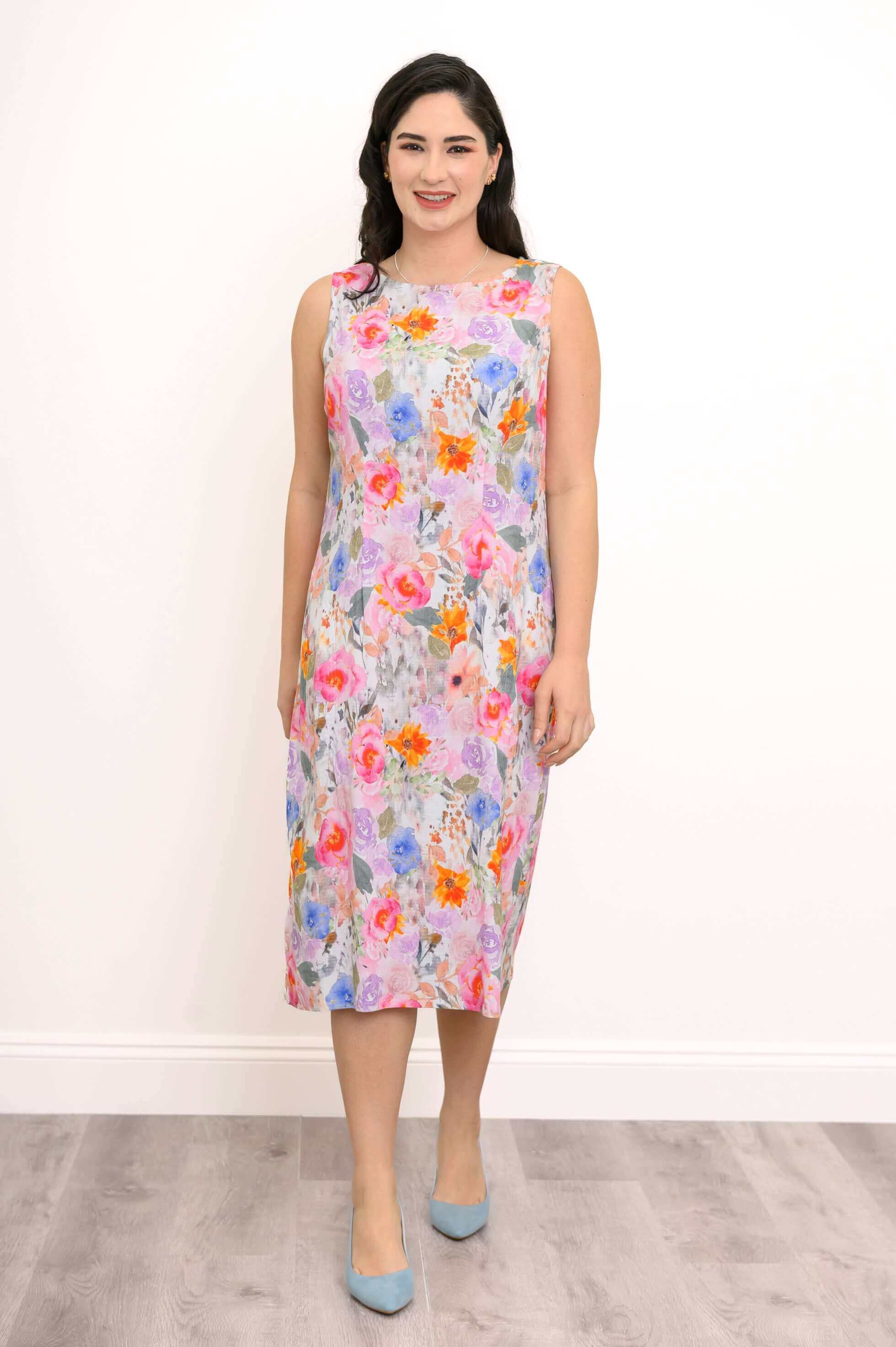 Patricia Dress, Pink Bouquet, Linen Bamboo