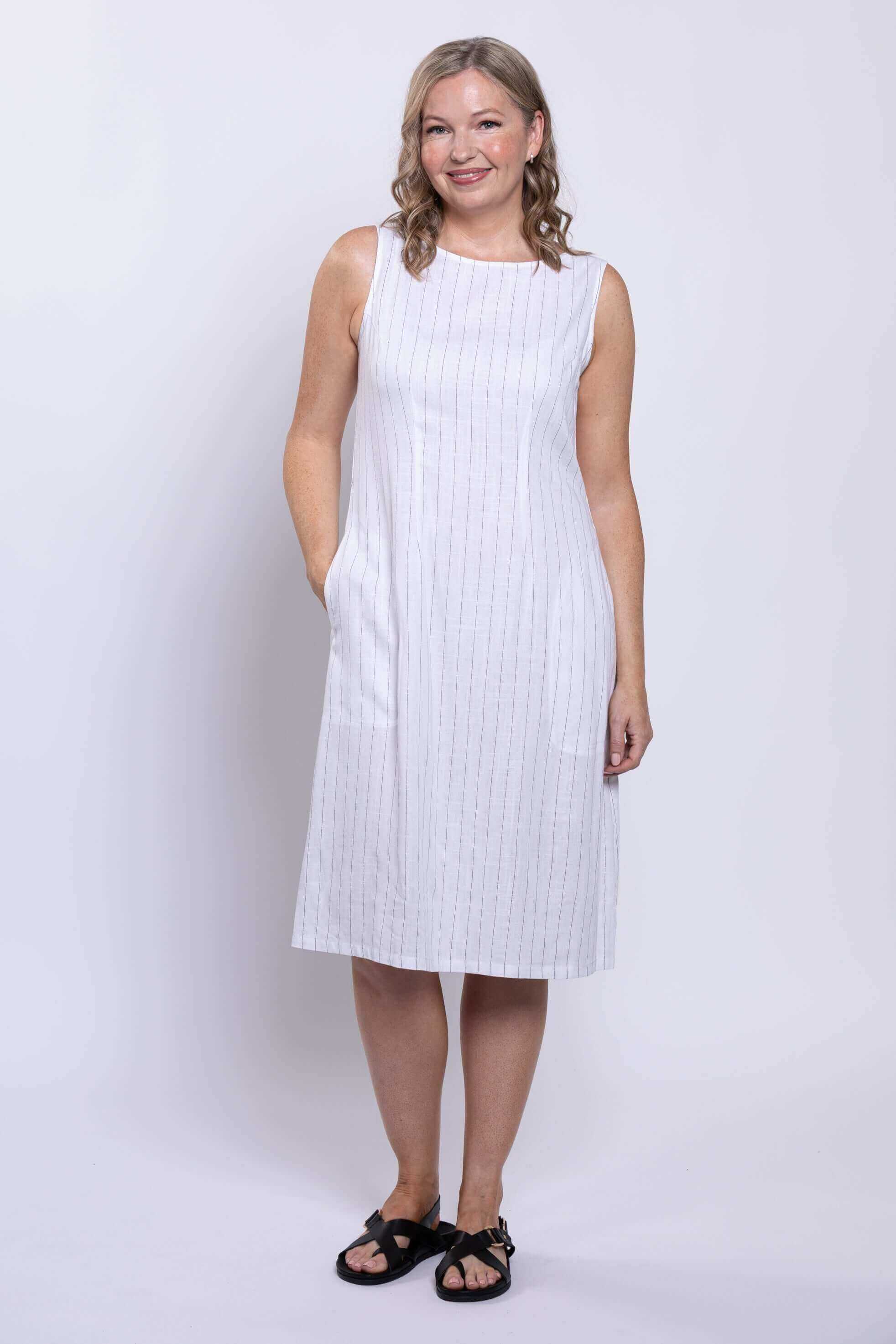 Patricia Dress, White Stripe, Linen Bamboo - Image 2