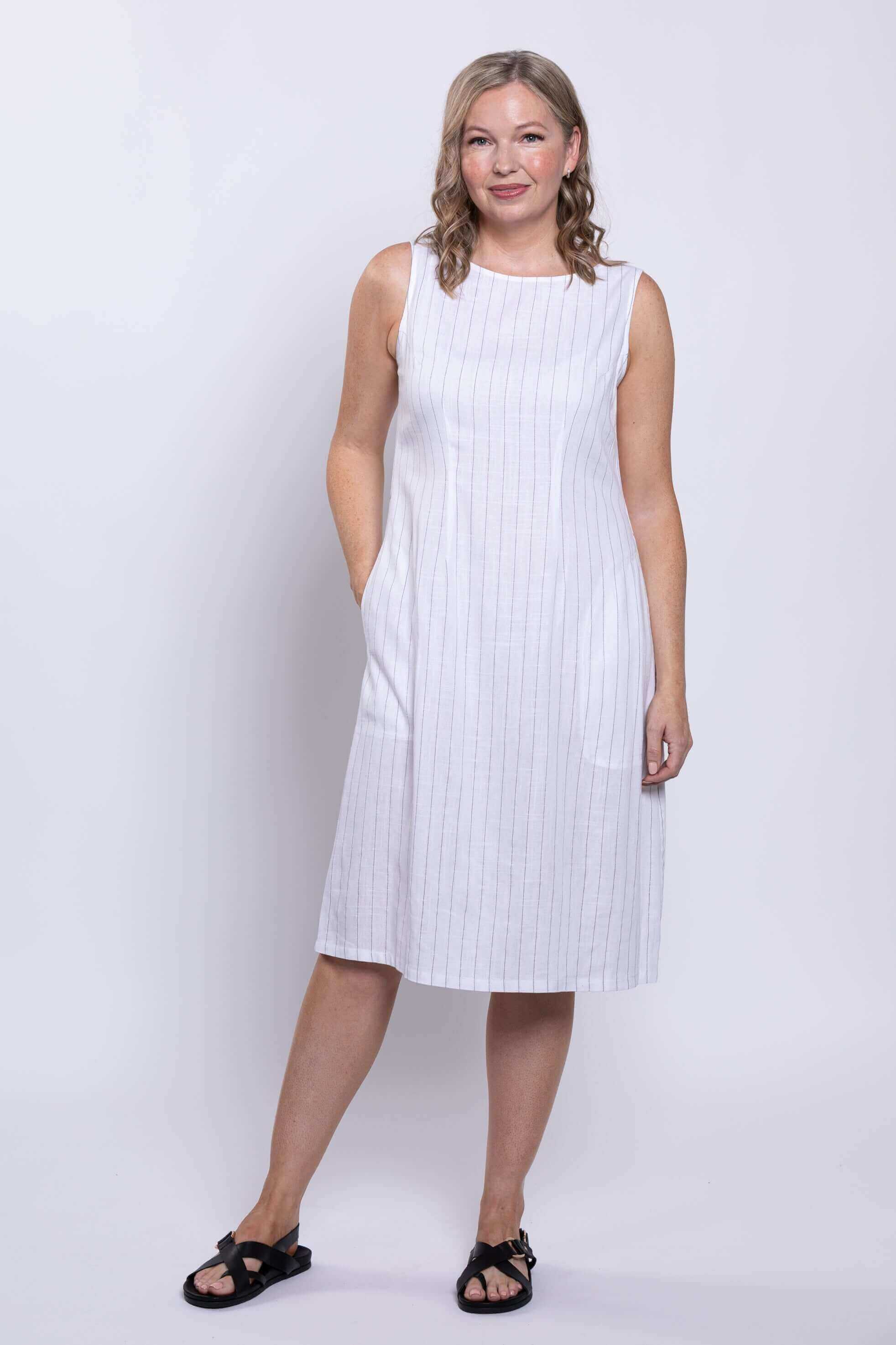 Patricia Dress, White Stripe, Linen Bamboo - Image 3