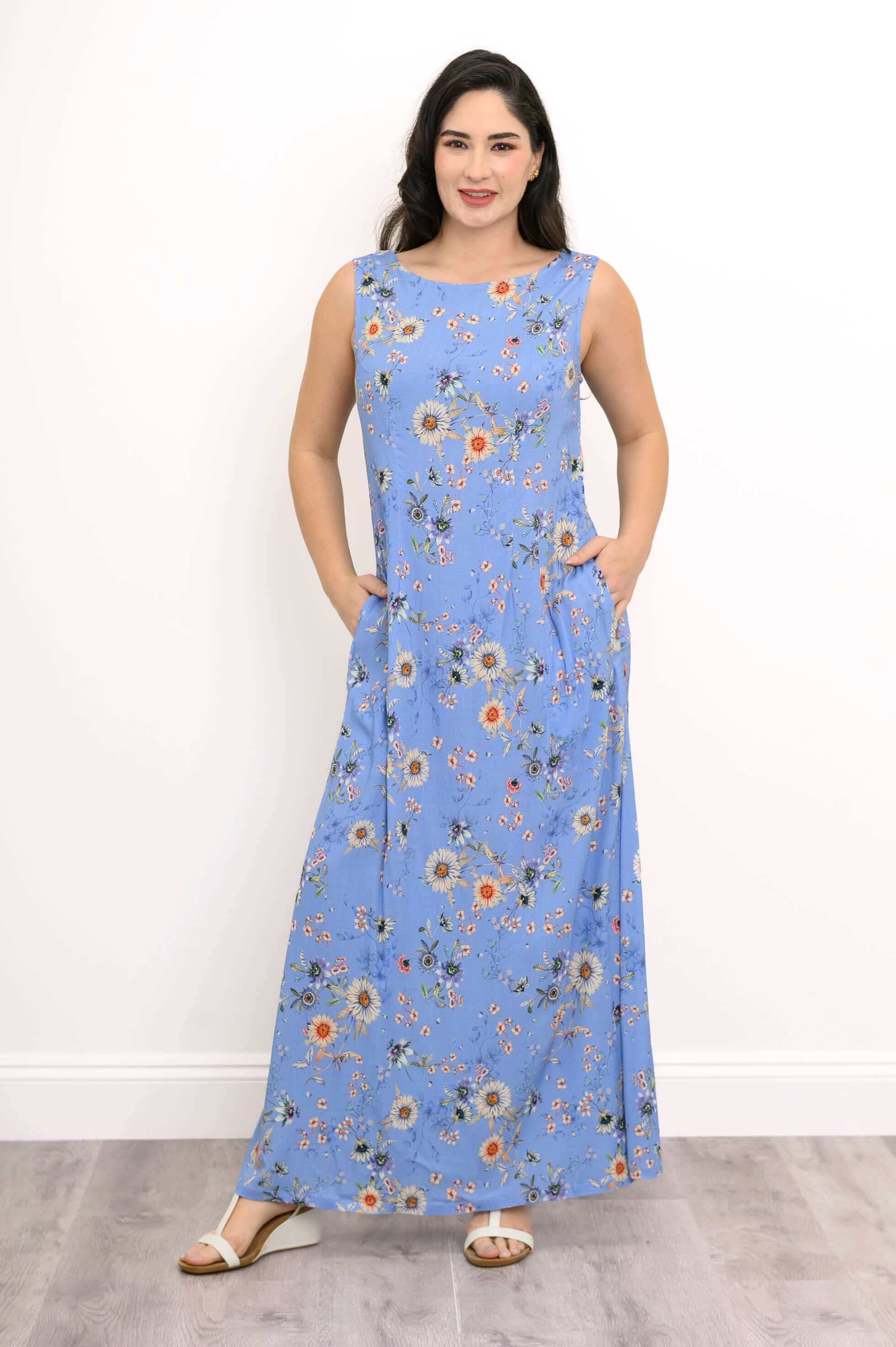 Patricia Long Dress, Peri Daisy, Linen Bamboo