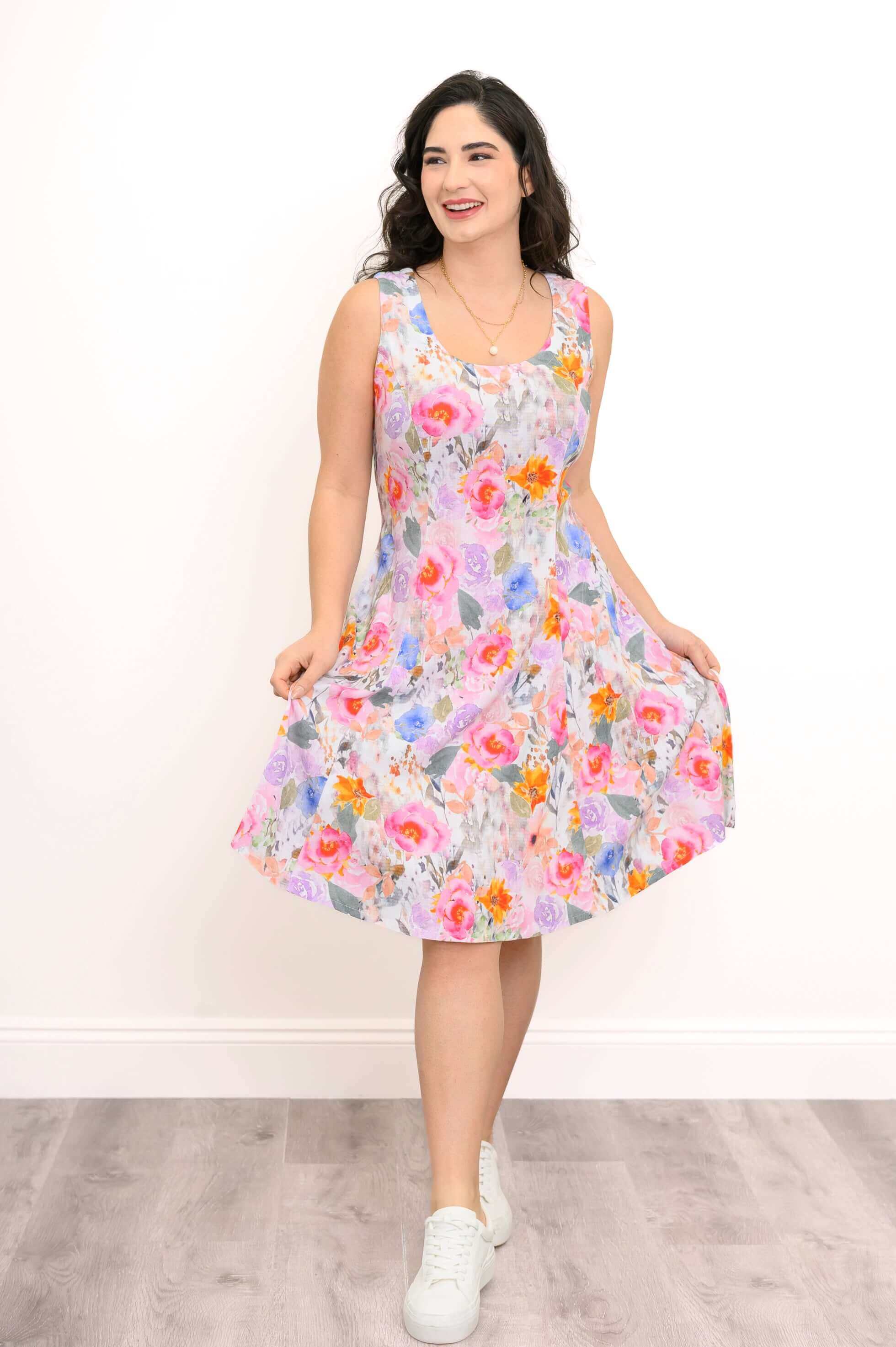 Sara Dress, Pink Bouquet, Linen Bamboo - Image 2
