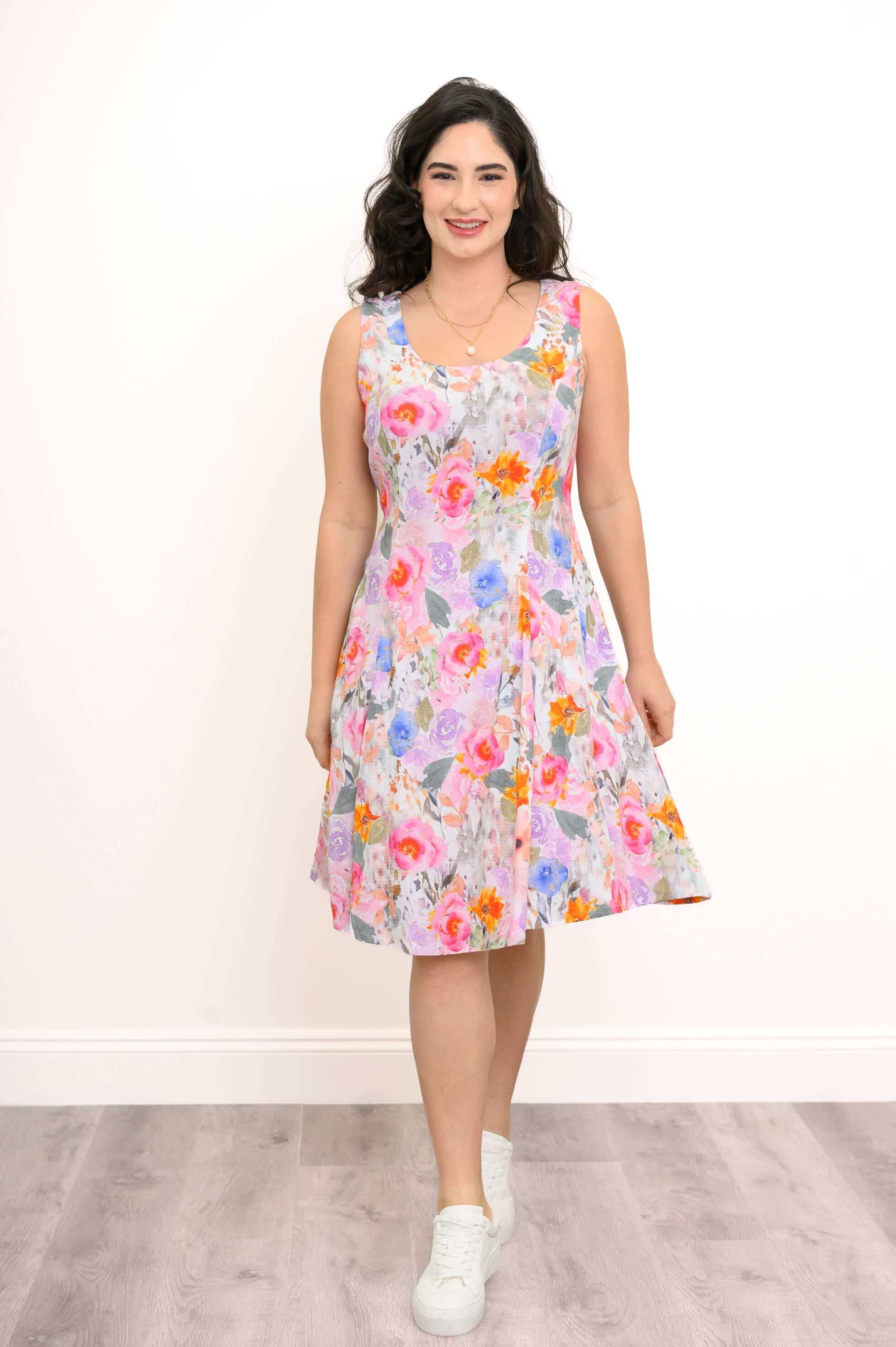 Sara Dress, Pink Bouquet, Linen Bamboo - Image 3