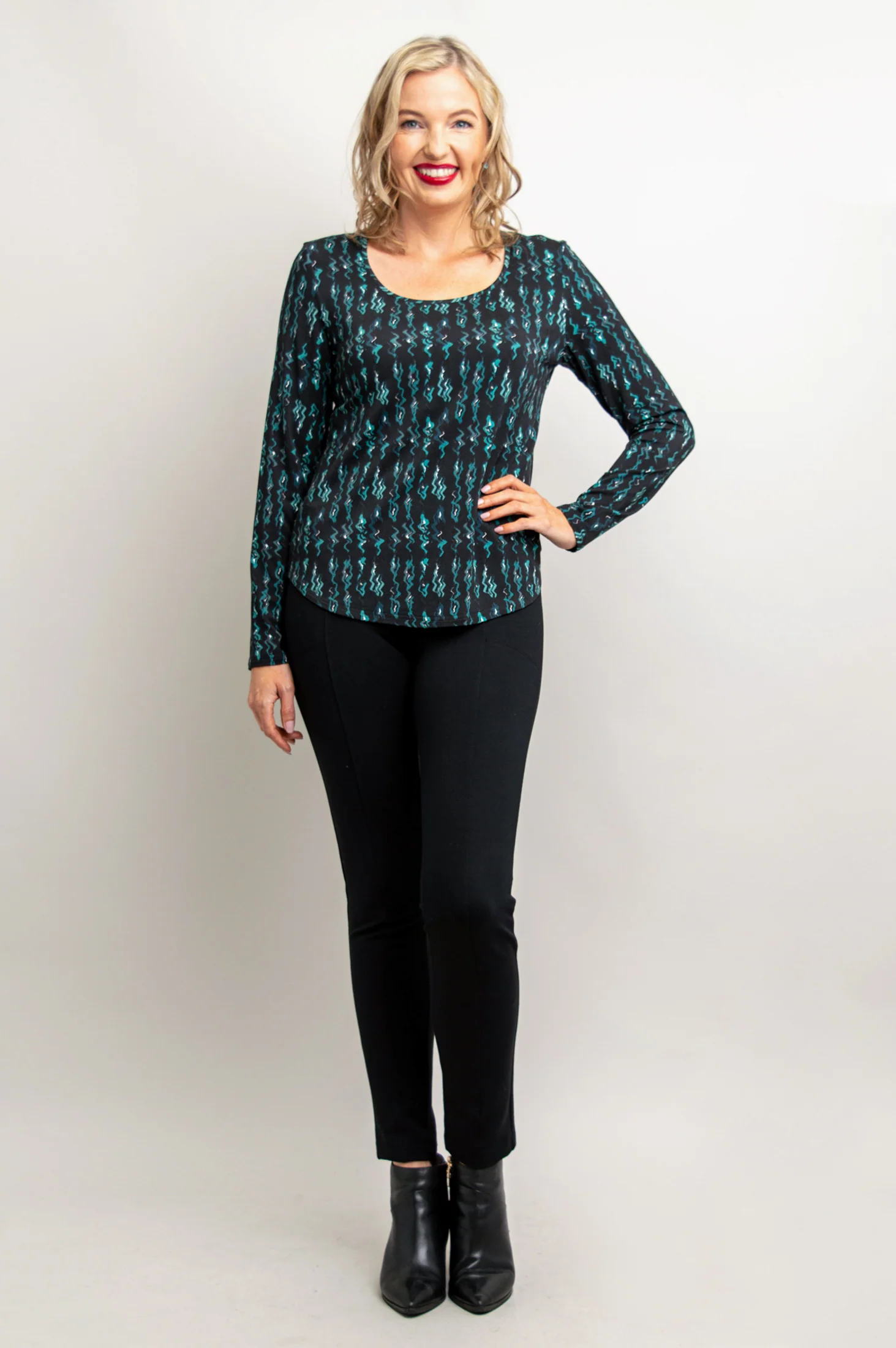 Tessa Long Sleeve Top, Teal Abstract, Bamboo - Final Sale - Image 3