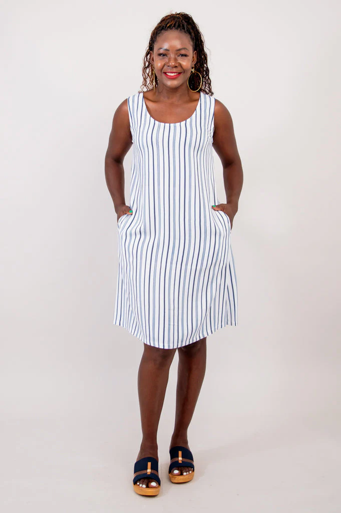 Velma Dress, Indigo Stripe, Linen Bamboo- Final Sale - Image 4
