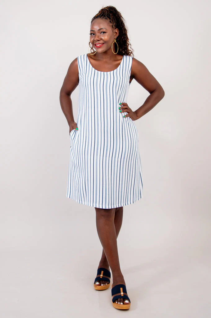 Velma Dress, Indigo Stripe, Linen Bamboo- Final Sale - Image 5