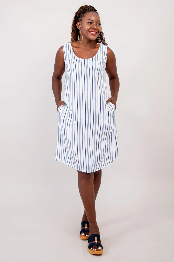 Velma Dress, Indigo Stripe, Linen Bamboo- Final Sale - Image 6